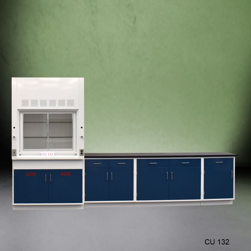 4′ Fisher American Fume Hood w/ Acid Storage & 9′ Cabinets