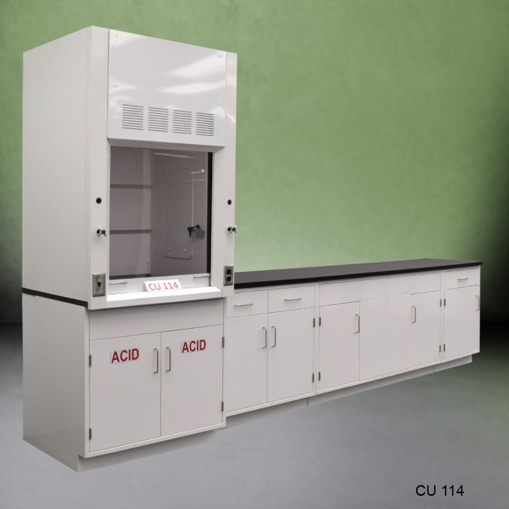 3′ Fisher American Fume Hood w/ 10′ Laboratory Cabinets & Acid Storage