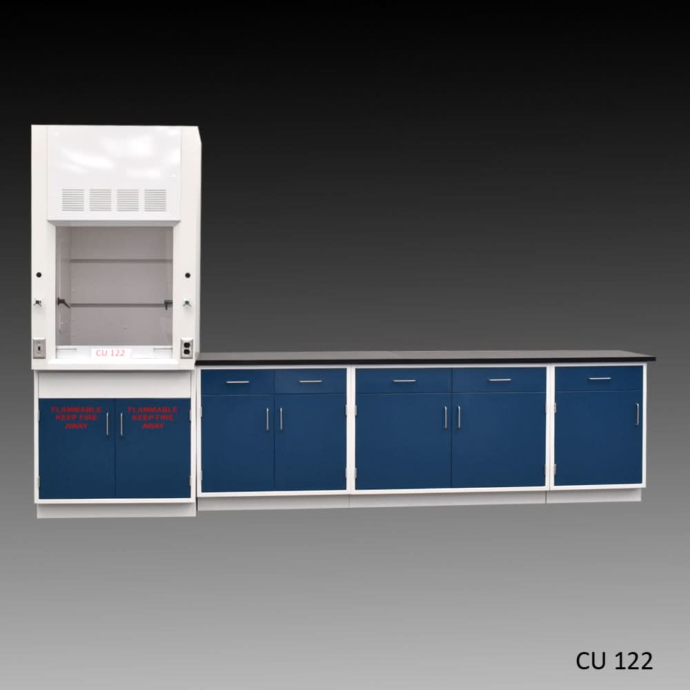 3′ Fisher American Fume Hood w/ Flammable Storage & 9′ Cabinets