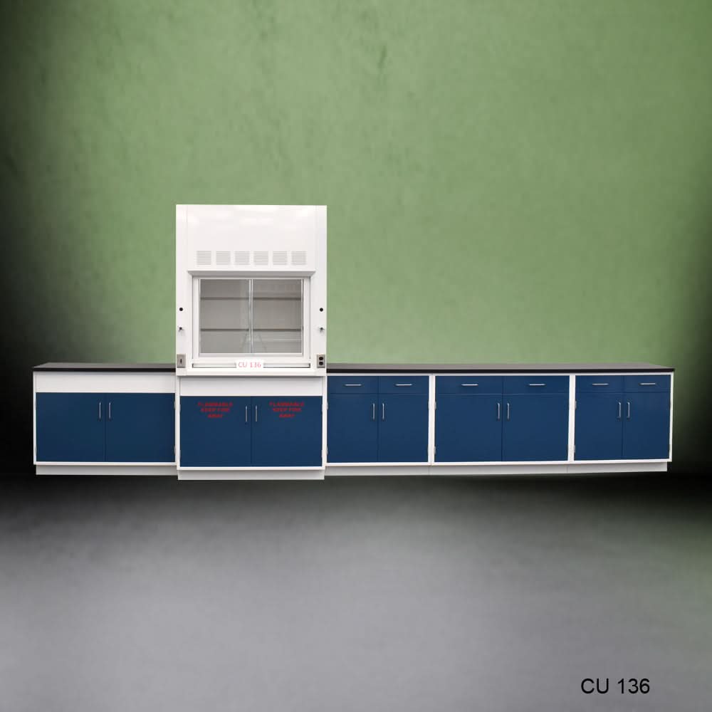 4′ Fisher American Fume Hood w/ Flammable Storage & 14′ Cabinets