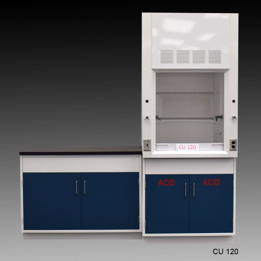 3′ Fisher American Fume Hood w/ 4′ Cabinets w/ Blue ACID Storage Cabinet