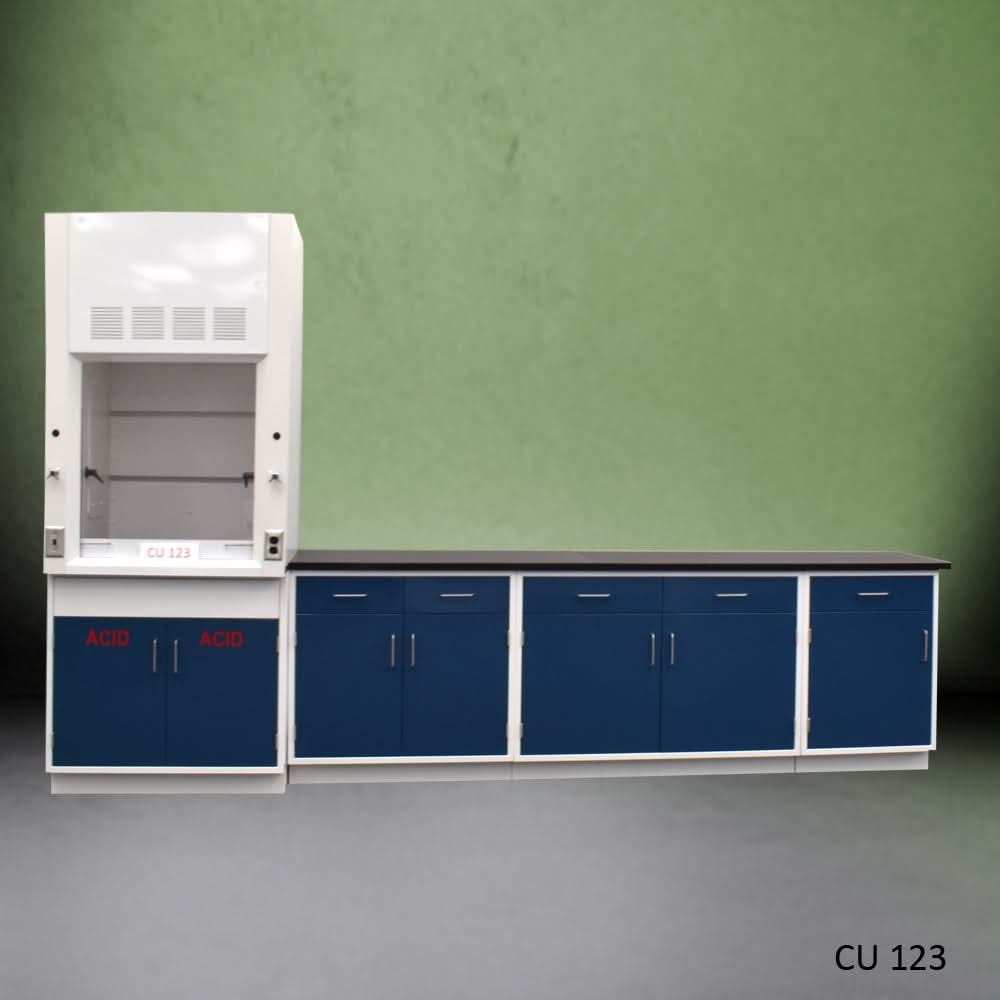 3′ Fisher American Fume Hood w/ 9′ Cabinets and Blue ACID Storage Cabinet