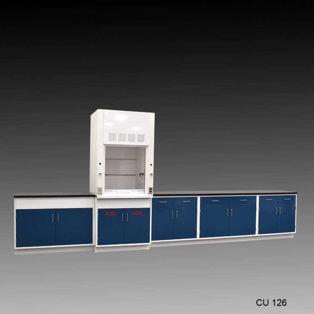 3′ Fisher American Fume Hood w/ Acid Storage & 14′ Laboratory Cabinet Group