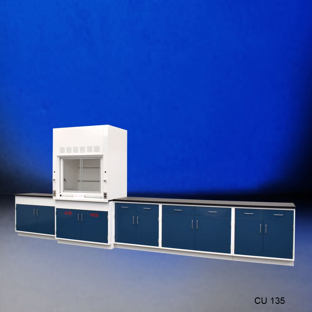 4′ Fisher American Fume Hood w/ Acid & General Storage & 14′ Laboratory Cabinets