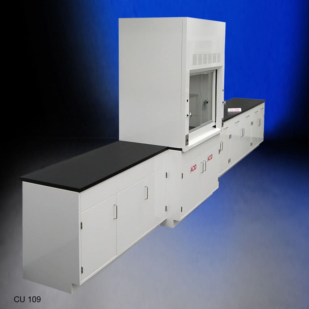 4′ Fisher American Fume Hood w/ Acid Storage & 15′ Cabinets