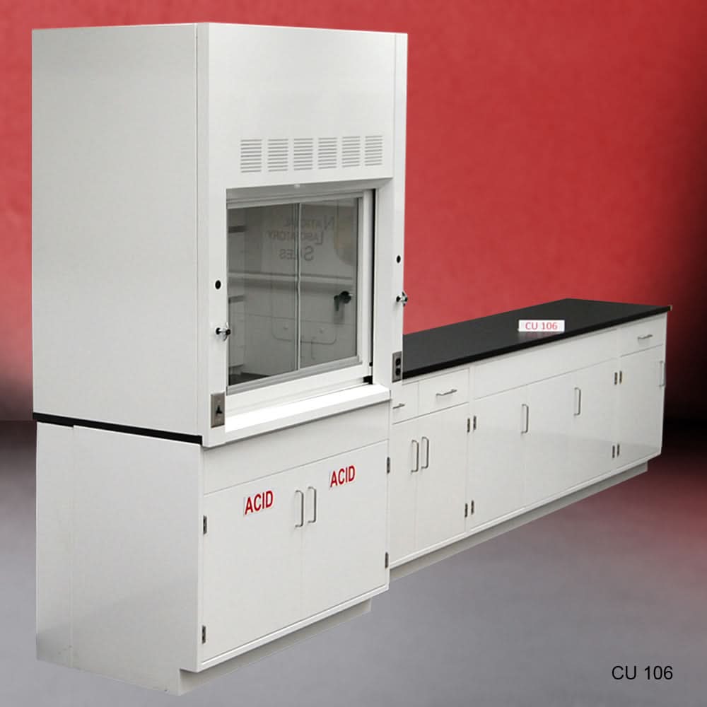 4′ Fisher American Fume Hood w/ 10′ Laboratory Cabinets & ACID Storage