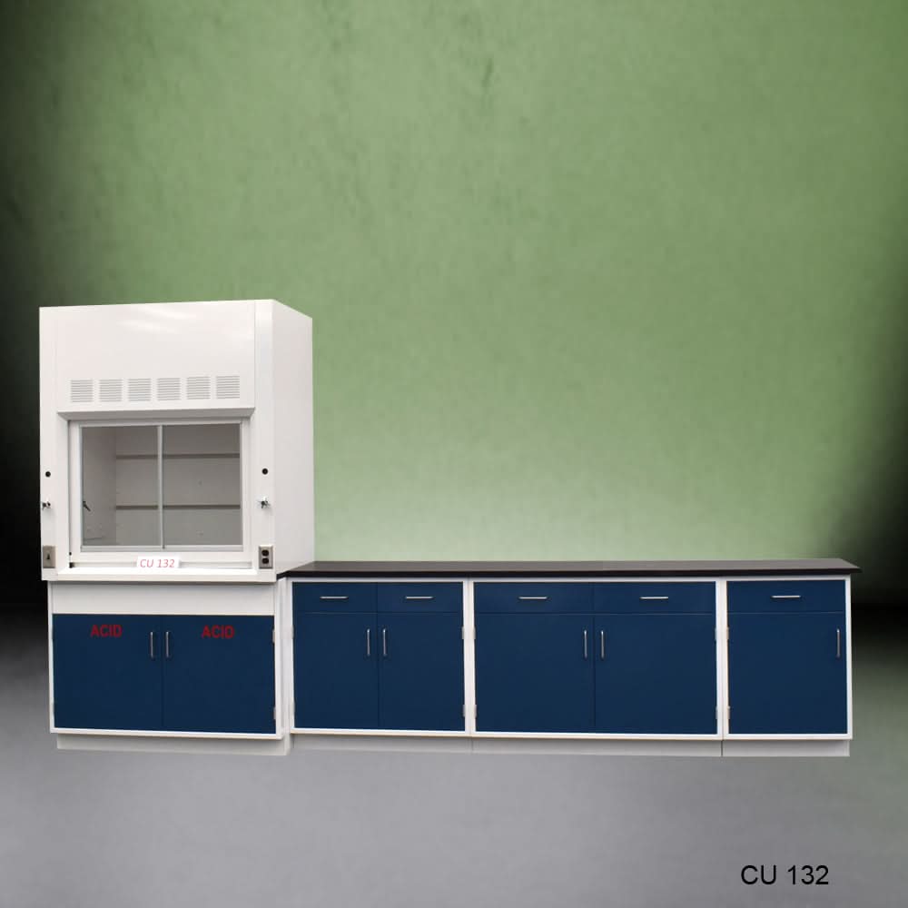 4′ Fisher American Fume Hood w/ Acid Storage & 9′ Cabinets