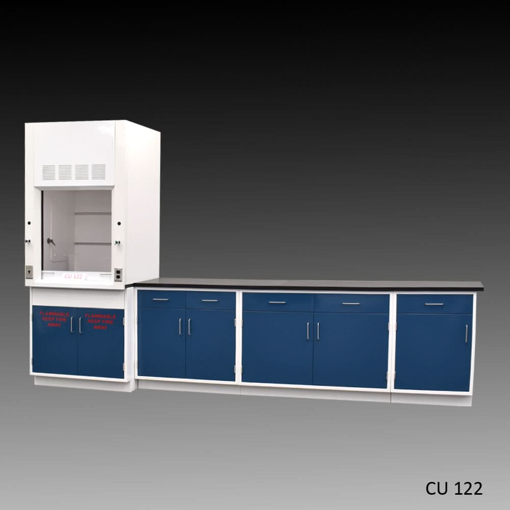 3′ Fisher American Fume Hood w/ Flammable Storage & 9′ Cabinets