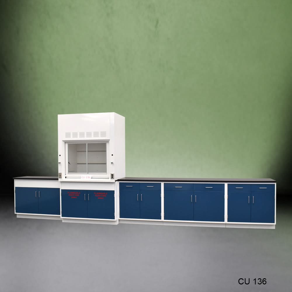 4′ Fisher American Fume Hood w/ Flammable Storage & 14′ Cabinets