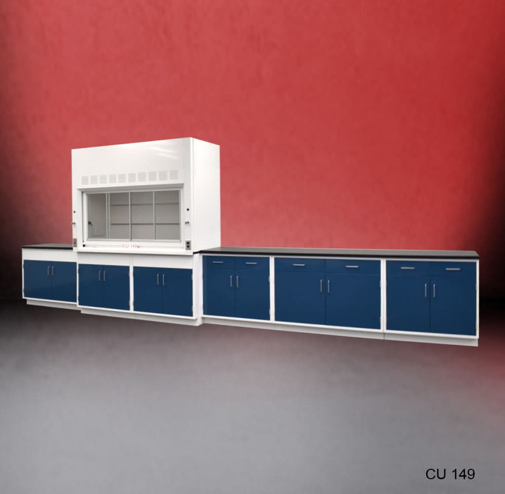 6′ Fisher American Fume Hood w/ General Storage & 14′ Laboratory Cabinet Group