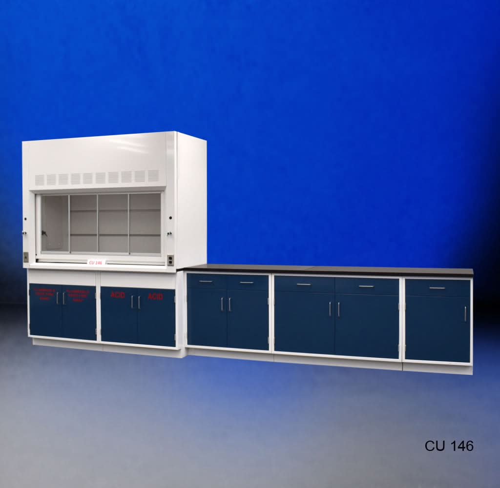 6′ Fisher American Fume Hood w/ Flammable & Acid Storage and 9′ Laboratory Cabinets