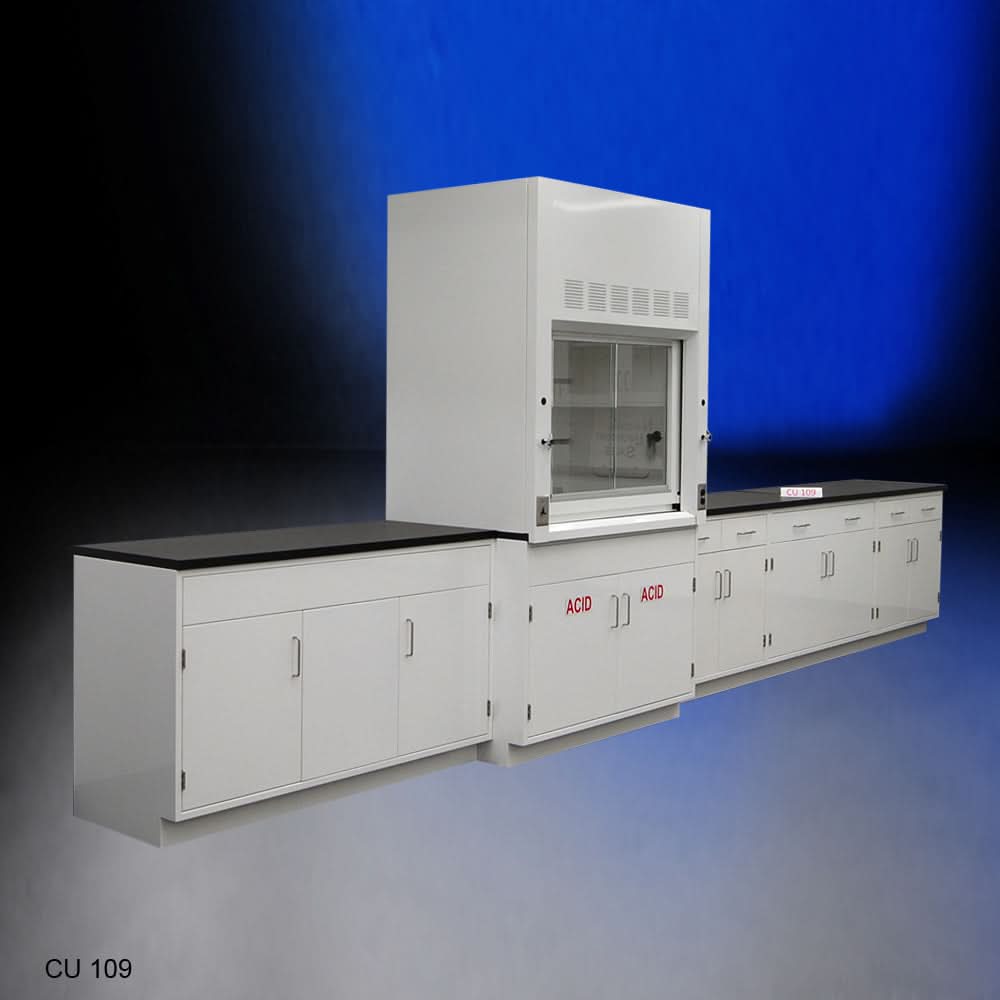 4′ Fisher American Fume Hood w/ Acid Storage & 15′ Cabinets