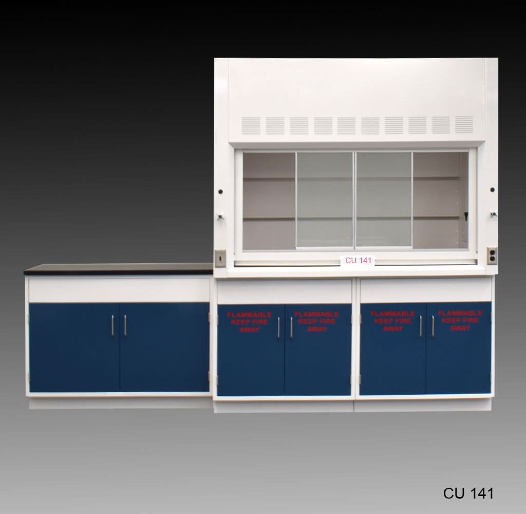 6′ Fisher American Fume Hood w/ Flammable & General Storage & 9′ Laboratory Cabinet Group