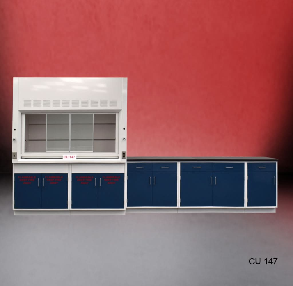 6′ Fisher American Fume Hood w/ 9′ Flammable & General Storage & 9′ Laboratory Cabinets