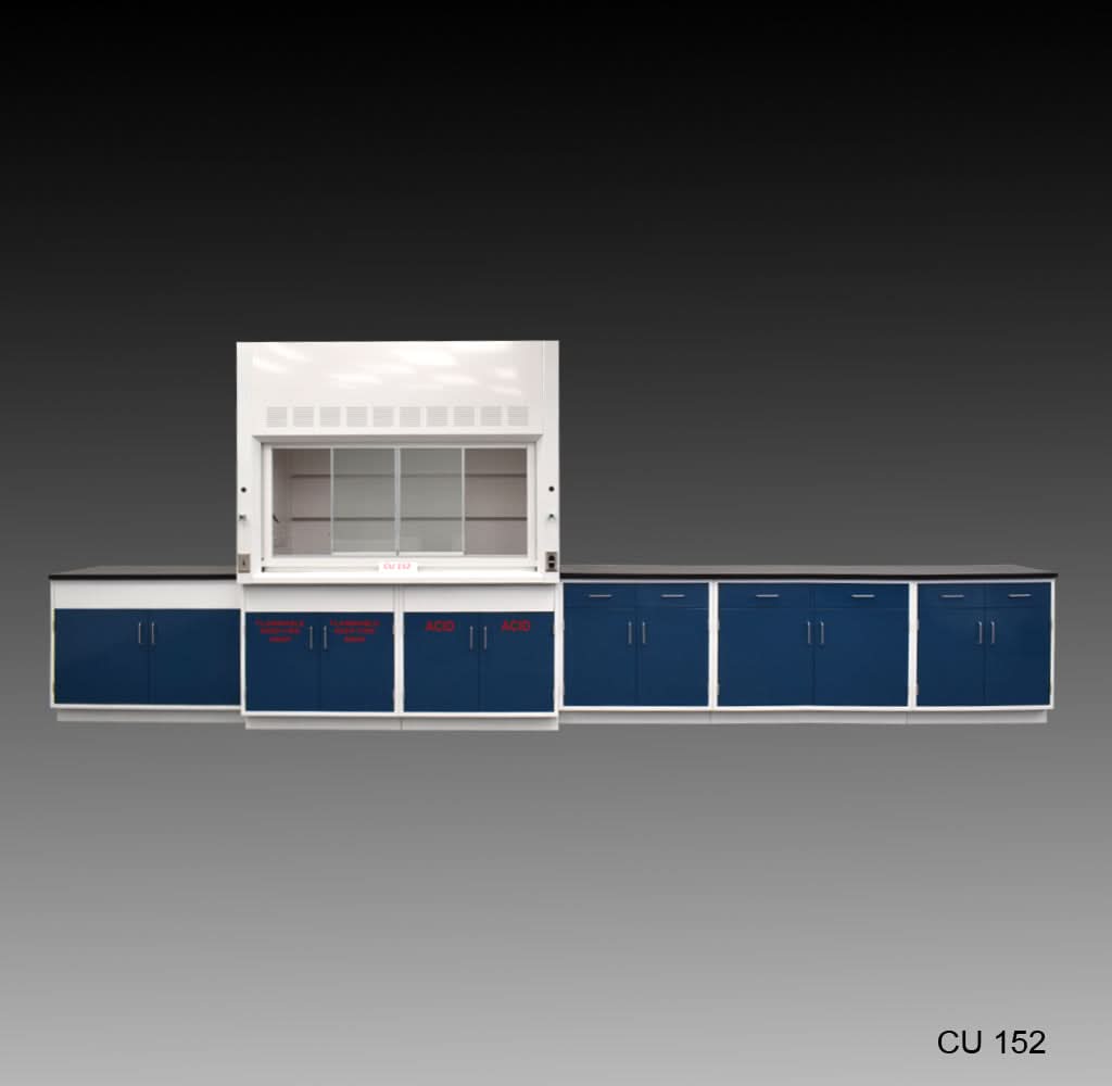 6′ Fisher American Fume Hood w/ Flammable & ACID Storage & 14′ Laboratory Cabinets