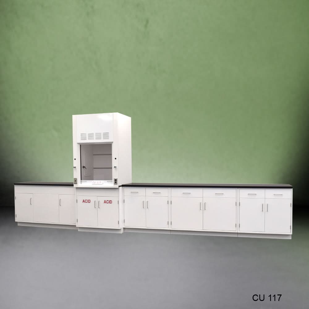 3′ Fisher American Fume Hood w/ 15′ Cabinets & Acid Storage