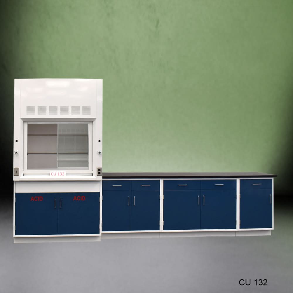 4′ Fisher American Fume Hood w/ Acid Storage & 9′ Cabinets