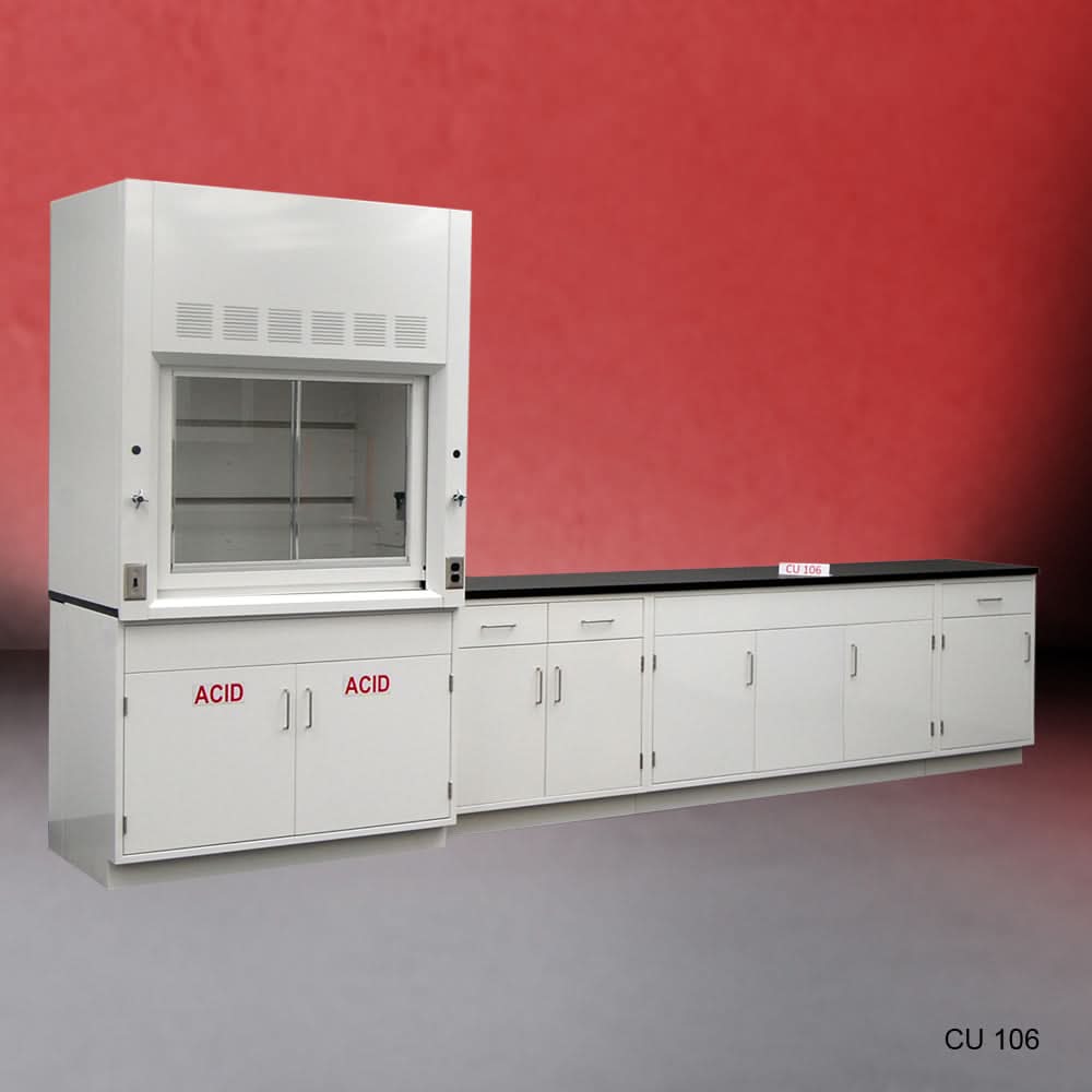4′ Fisher American Fume Hood w/ 10′ Laboratory Cabinets & ACID Storage