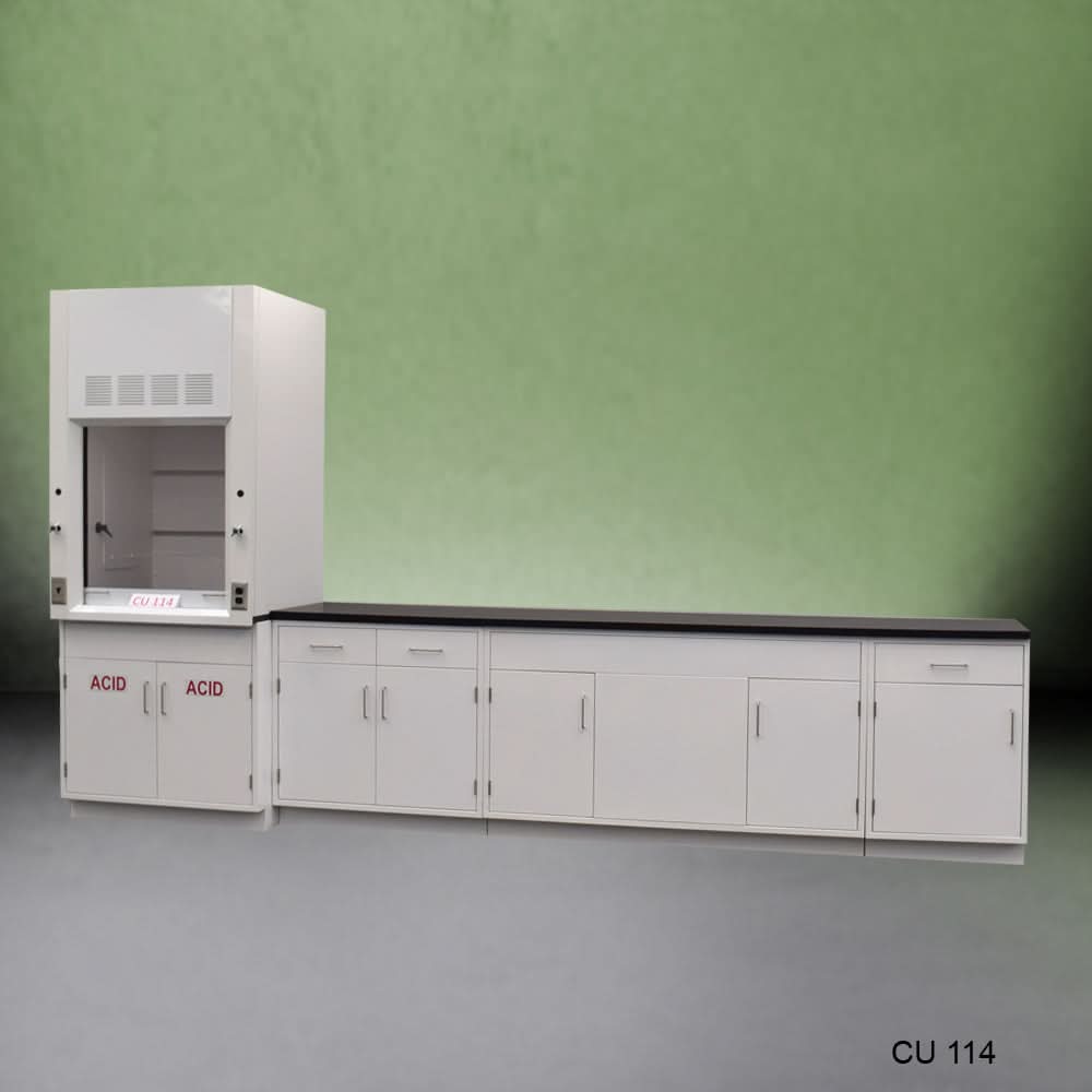 3′ Fisher American Fume Hood w/ 10′ Laboratory Cabinets & Acid Storage