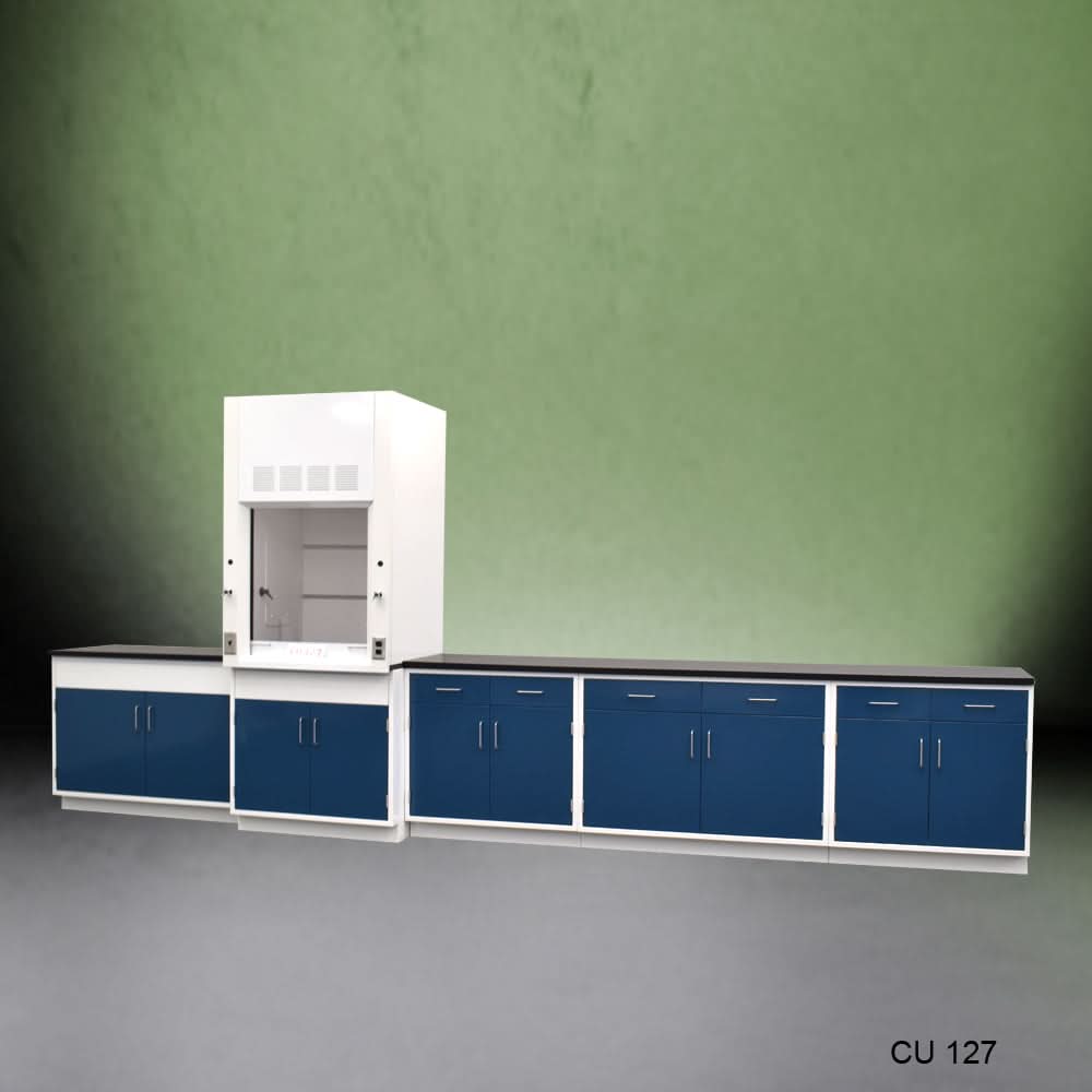 3′ Fisher American Fume Hood w/ Storage & 14′ Laboratory Cabinets