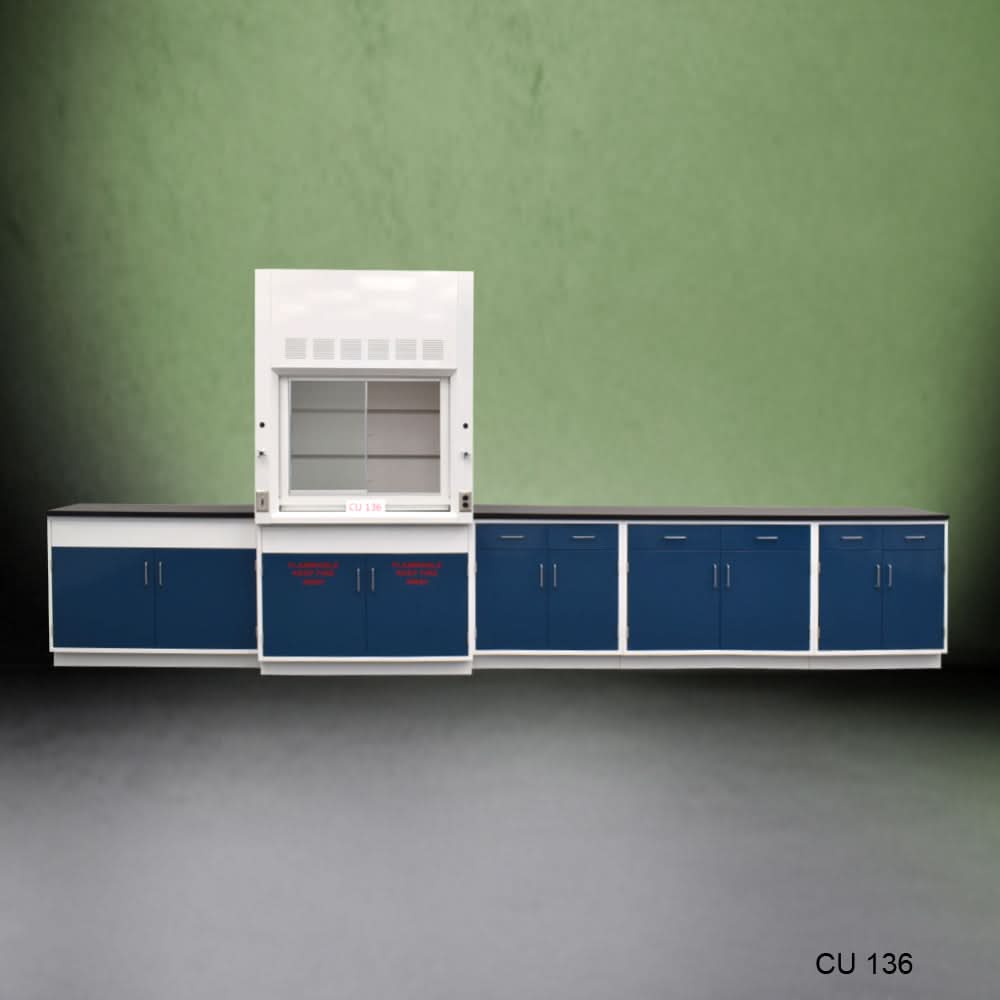 4′ Fisher American Fume Hood w/ Flammable Storage & 14′ Cabinets