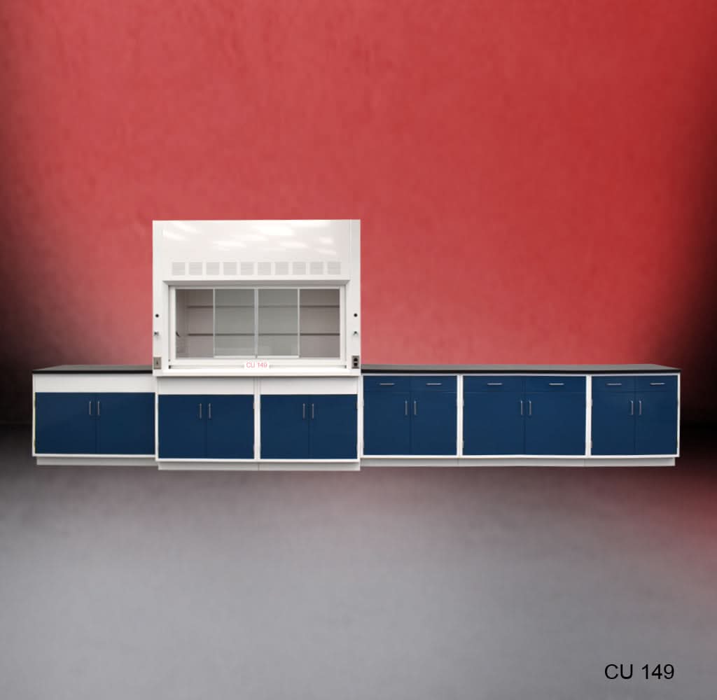 6′ Fisher American Fume Hood w/ General Storage & 14′ Laboratory Cabinet Group