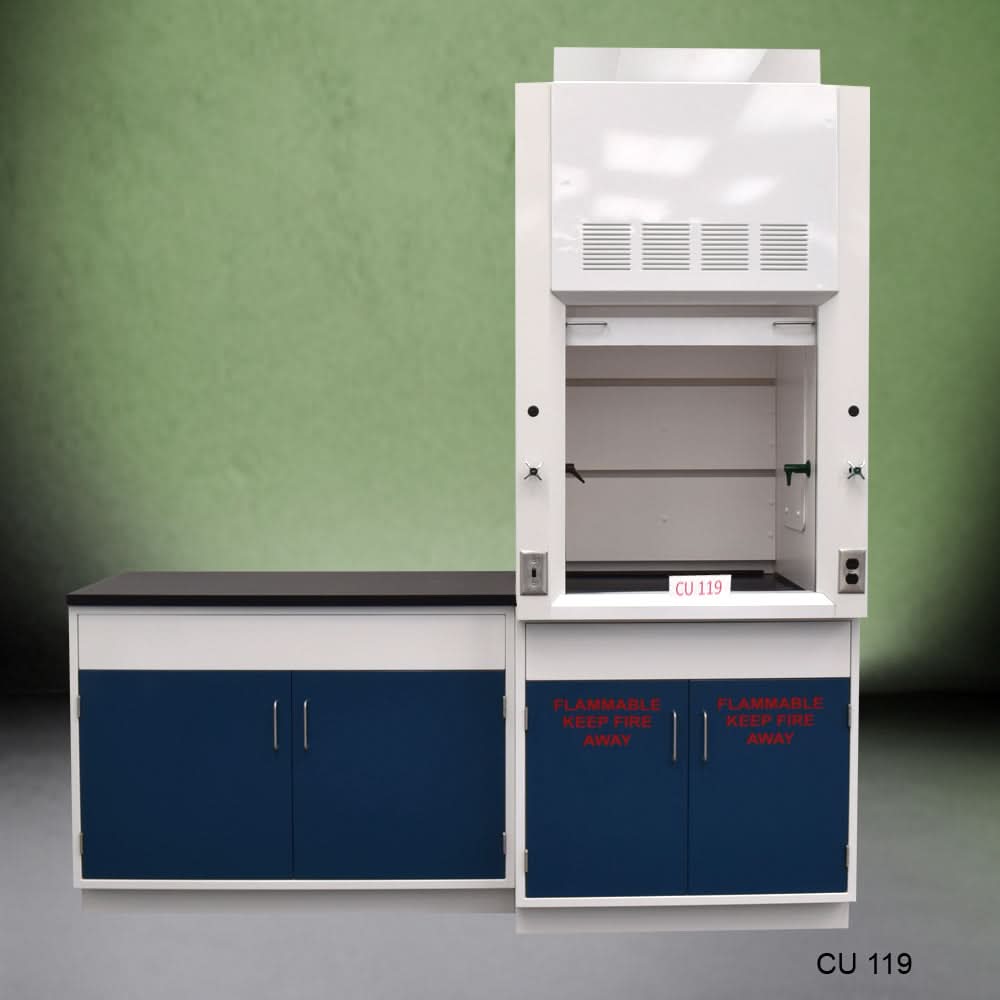 3′ Fisher American Fume Hood w/ Flammable Storage & 4′ Cabinet Group