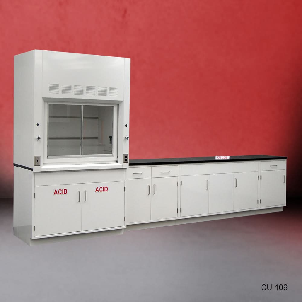 4′ Fisher American Fume Hood w/ 10′ Laboratory Cabinets & ACID Storage