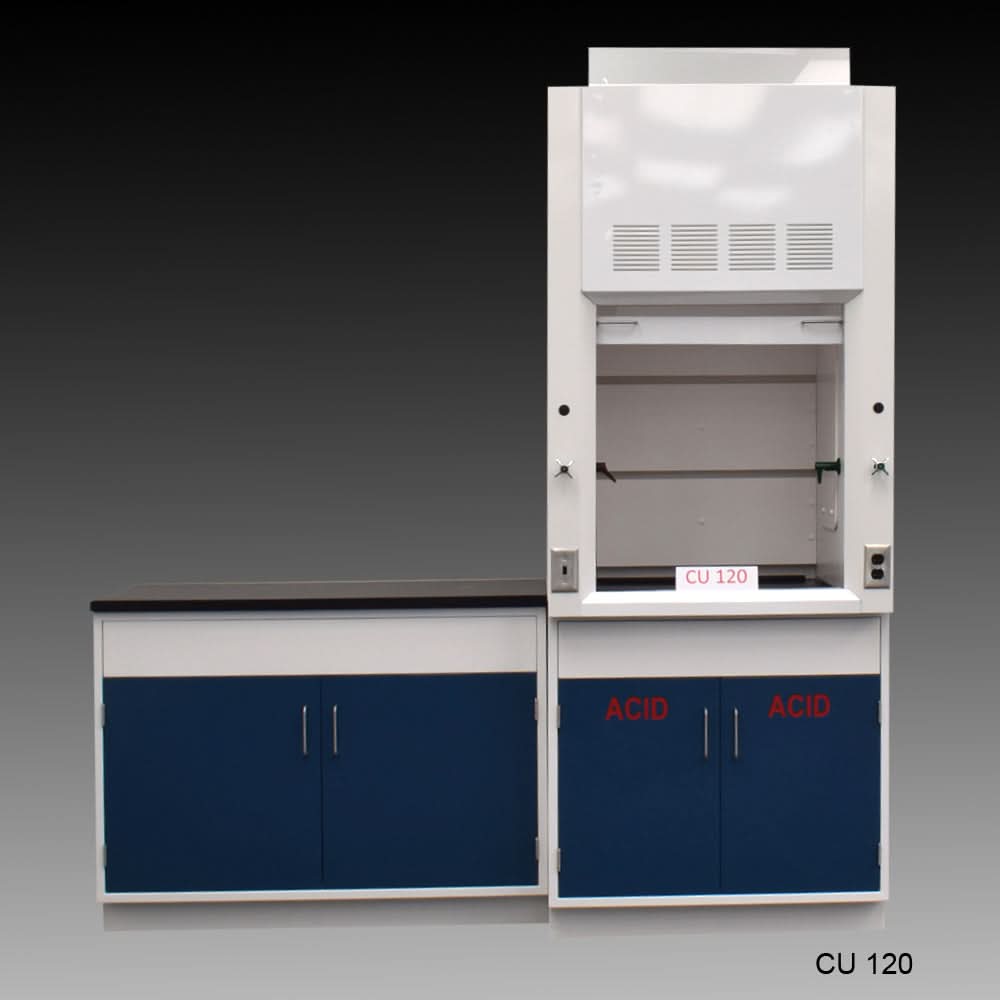 3′ Fisher American Fume Hood w/ 4′ Cabinets w/ Blue ACID Storage Cabinet