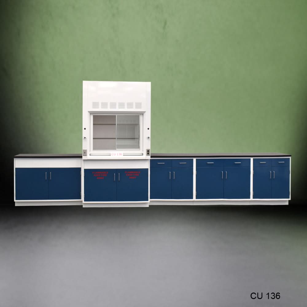 4′ Fisher American Fume Hood w/ Flammable Storage & 14′ Cabinets