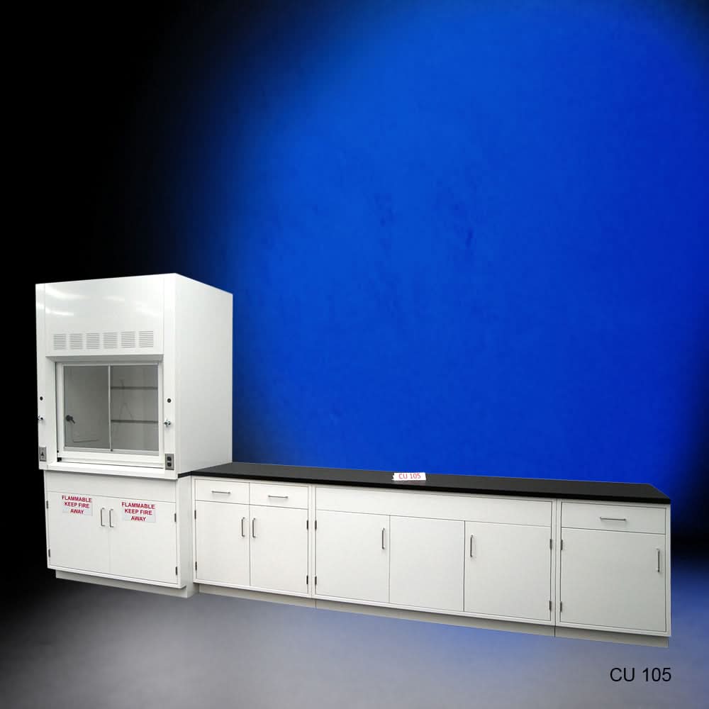 4′ Fisher American Fume Hood w/ Flammable Storage & 10′ Cabinets