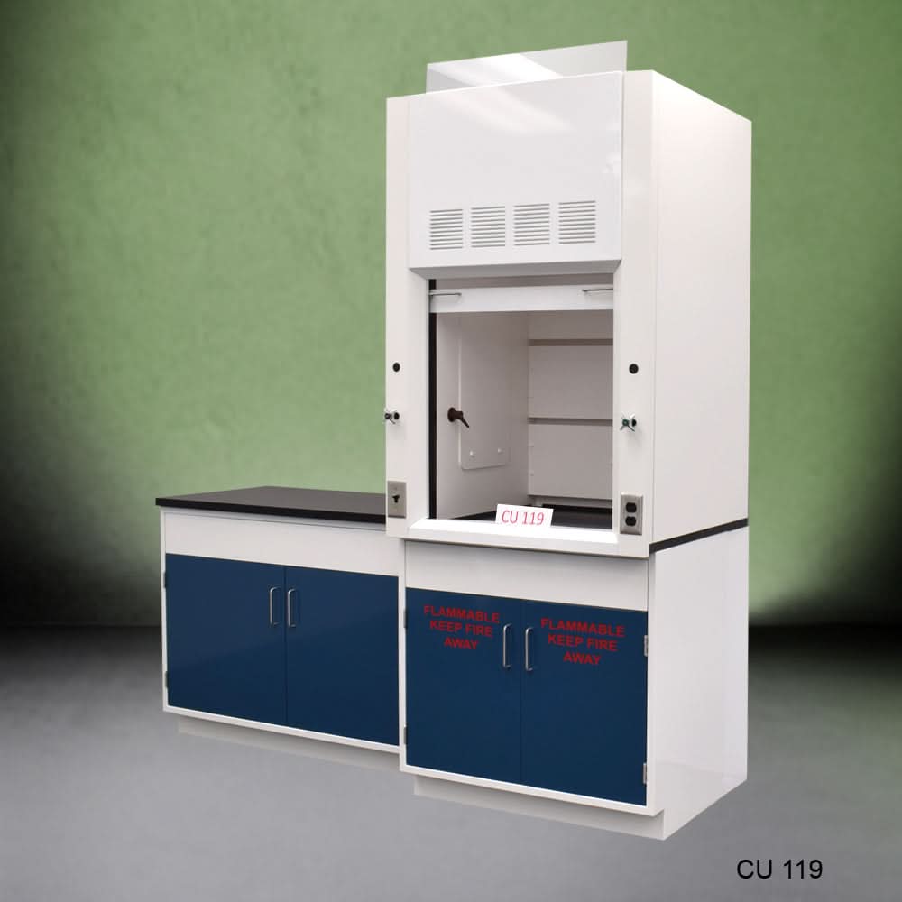 3′ Fisher American Fume Hood w/ Flammable Storage & 4′ Cabinet Group