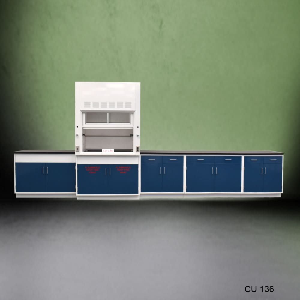 4′ Fisher American Fume Hood w/ Flammable Storage & 14′ Cabinets