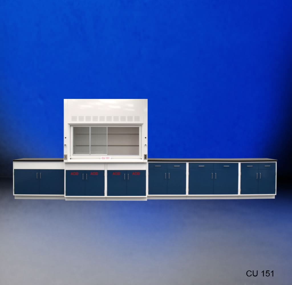 6′ Fisher American Fume Hood w/ ACID Storage & 14′ Laboratory Cabinets