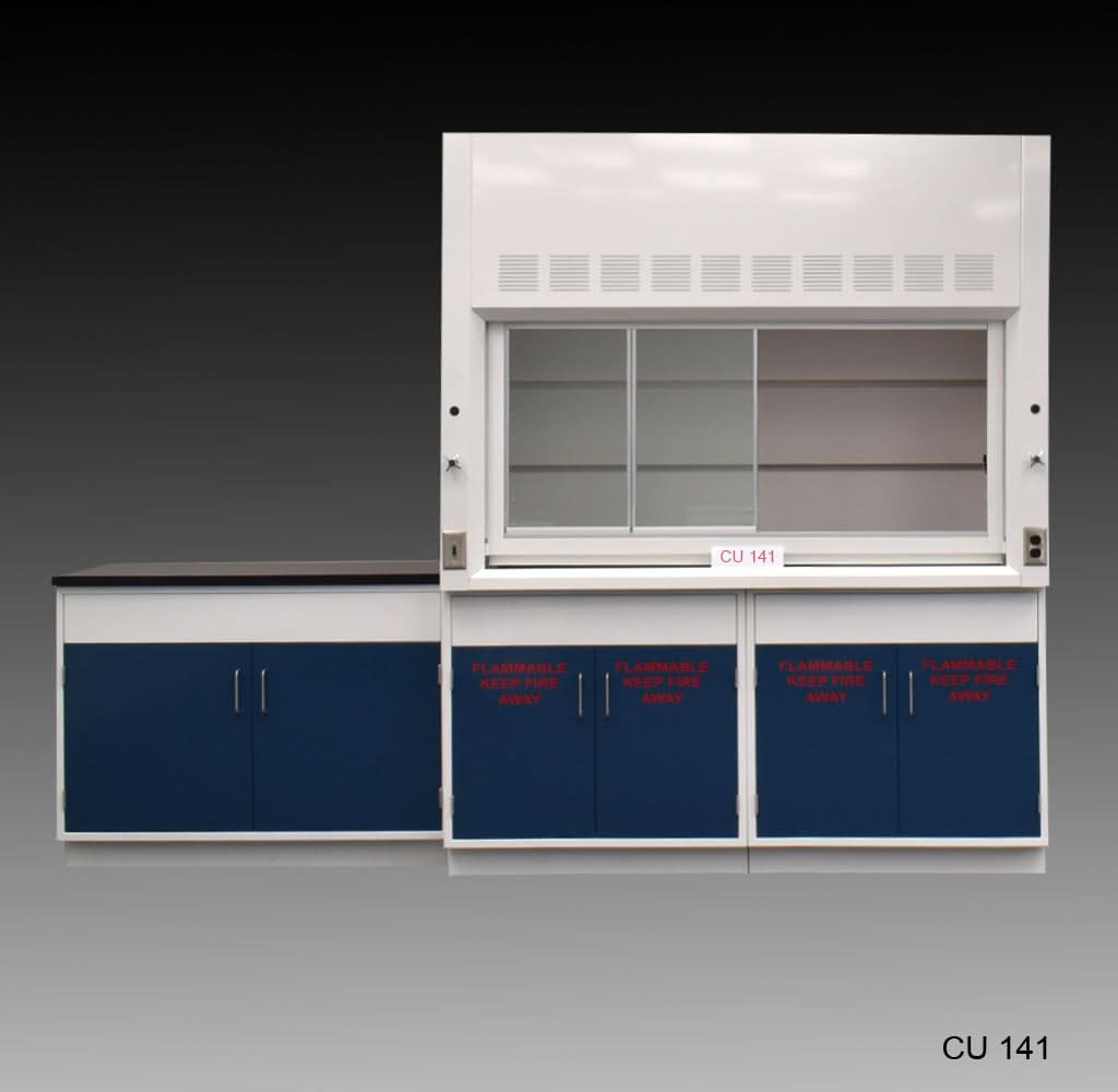 6′ Fisher American Fume Hood w/ Flammable & General Storage & 9′ Laboratory Cabinet Group