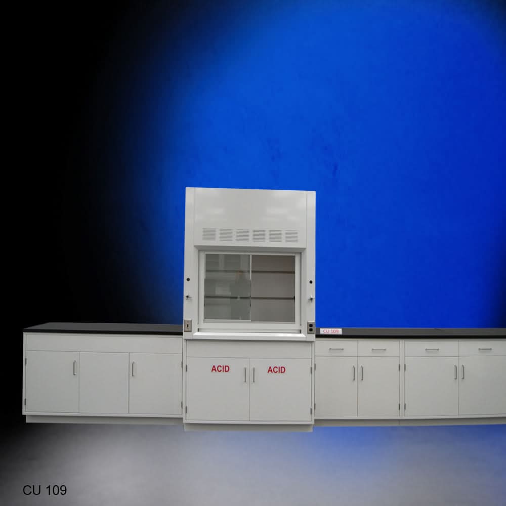4′ Fisher American Fume Hood w/ Acid Storage & 15′ Cabinets
