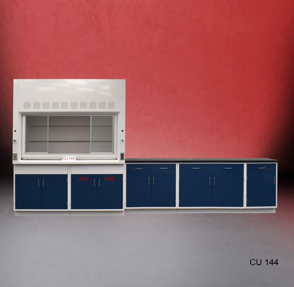 6′ Fisher American Fume Hood w/ Acid Storage & 9′ Laboratory Cabinet Group