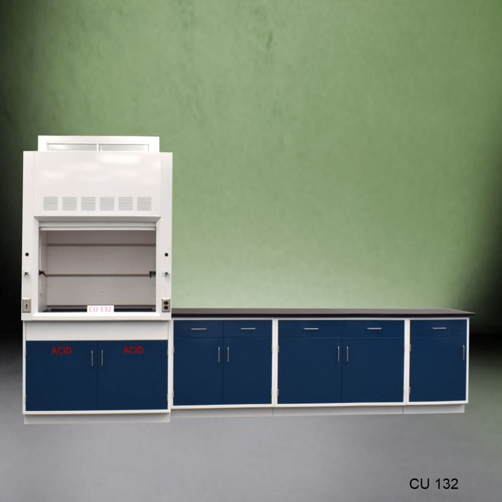 4′ Fisher American Fume Hood w/ Acid Storage & 9′ Cabinets