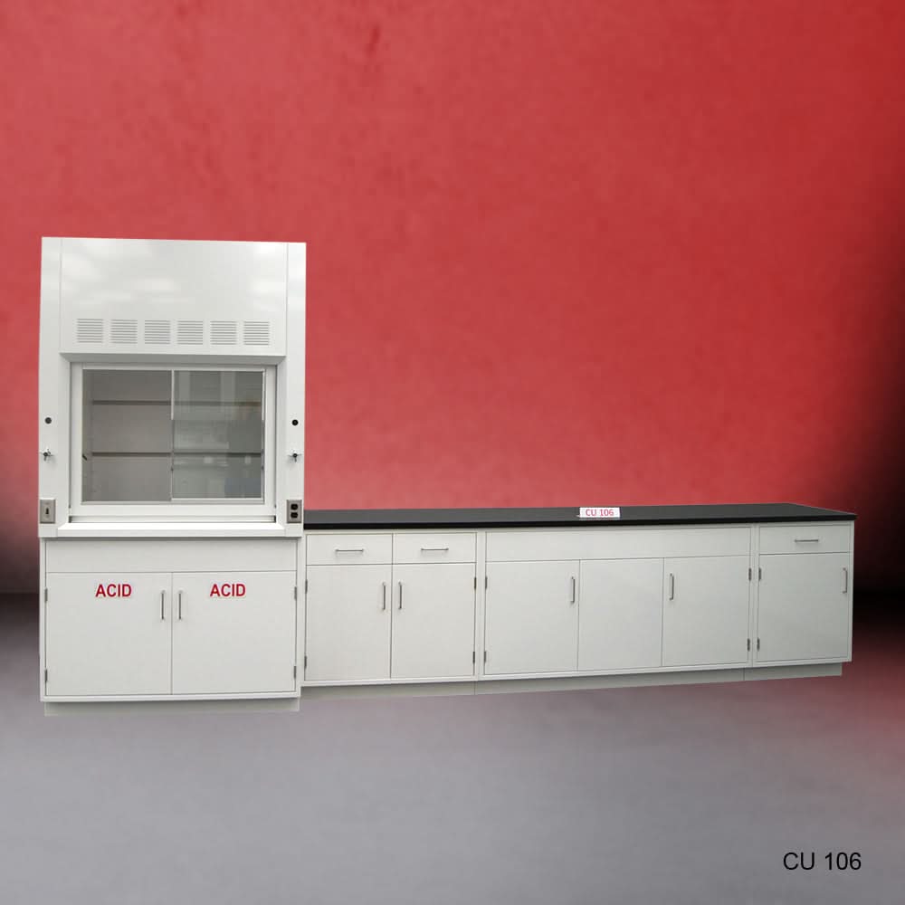 4′ Fisher American Fume Hood w/ 10′ Laboratory Cabinets & ACID Storage