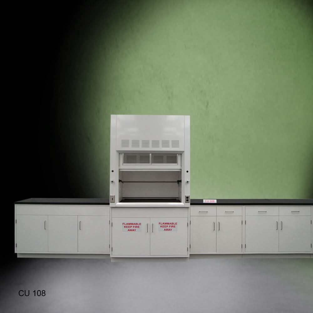 4′ Fisher American Fume Hood w/ 15′ Cabinets & 2 Door Flammable Storage