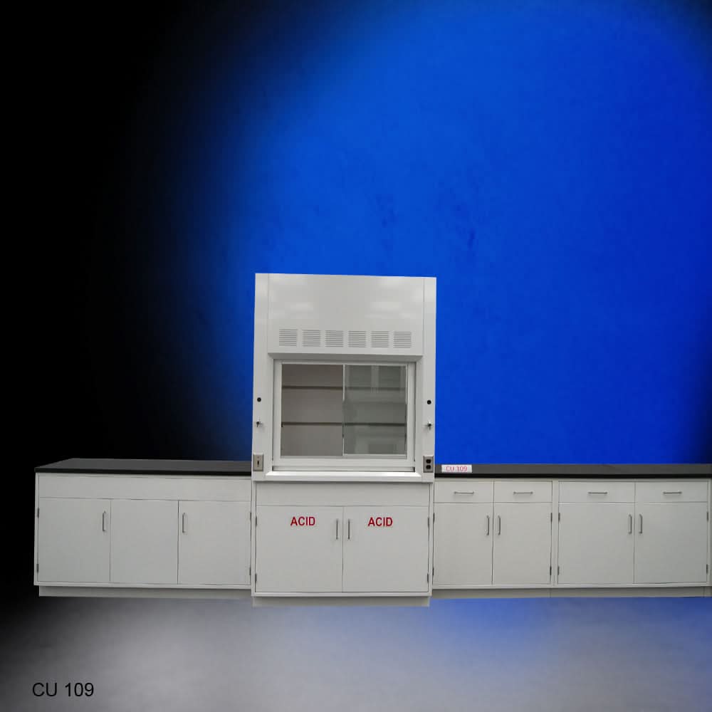 4′ Fisher American Fume Hood w/ Acid Storage & 15′ Cabinets