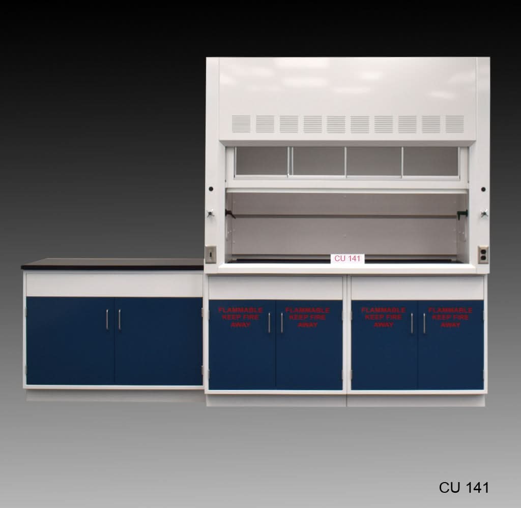 6′ Fisher American Fume Hood w/ Flammable & General Storage & 9′ Laboratory Cabinet Group