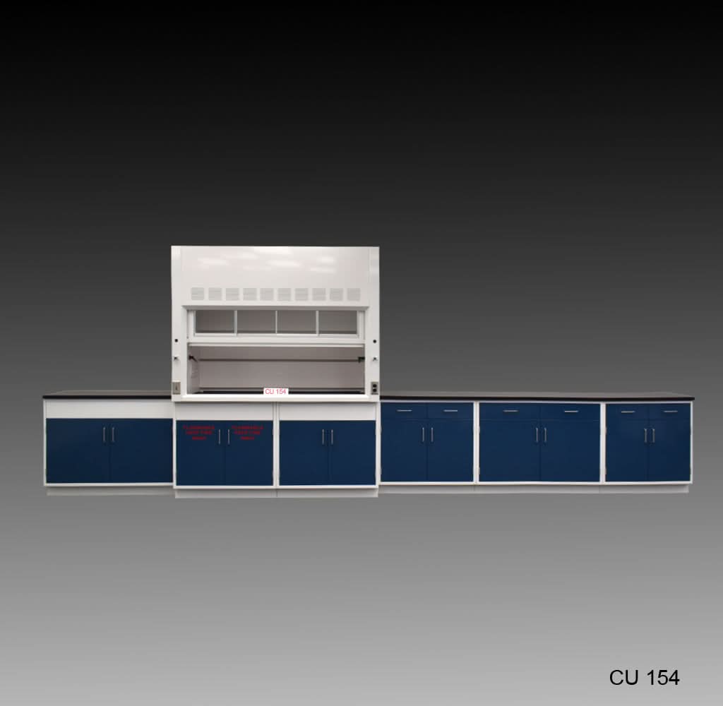 6′ Fisher American Fume Hood w/ Flammable Storage & 14′ Cabinet Group