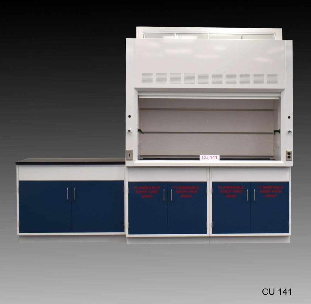 6′ Fisher American Fume Hood w/ Flammable & General Storage & 9′ Laboratory Cabinet Group
