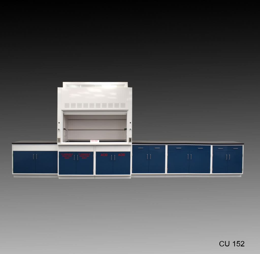 6′ Fisher American Fume Hood w/ Flammable & ACID Storage & 14′ Laboratory Cabinets