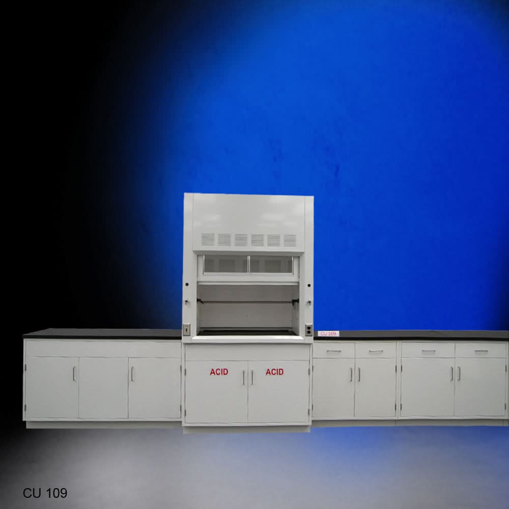 4′ Fisher American Fume Hood w/ Acid Storage & 15′ Cabinets