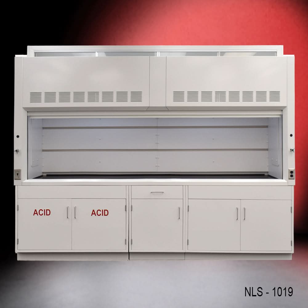 10′ x 48″ Fisher American Fume Hood w/ ACID & General Storage Cabinets