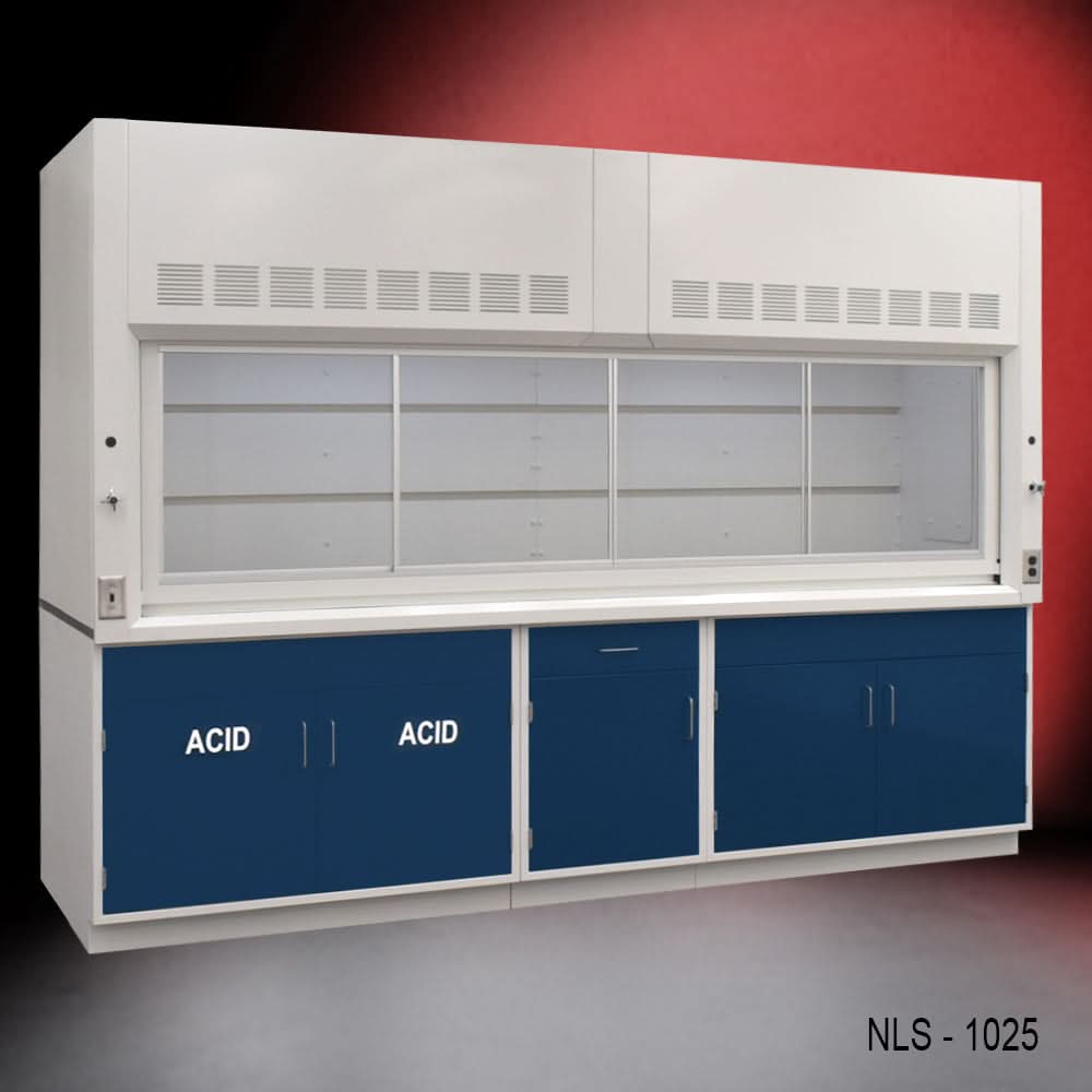 10′ x 48″ Fisher American Fume Hood w/ Blue ACID & General Storage Cabinets