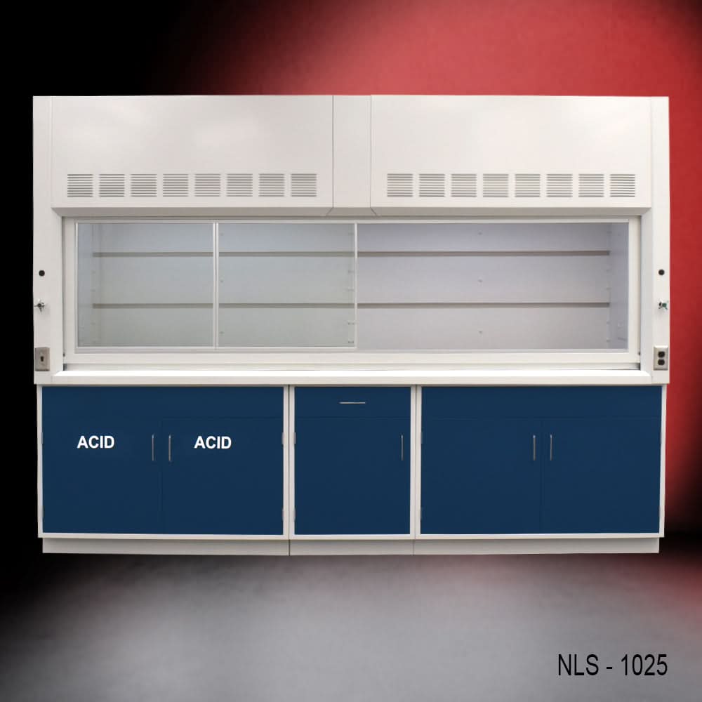 10′ x 48″ Fisher American Fume Hood w/ Blue ACID & General Storage Cabinets