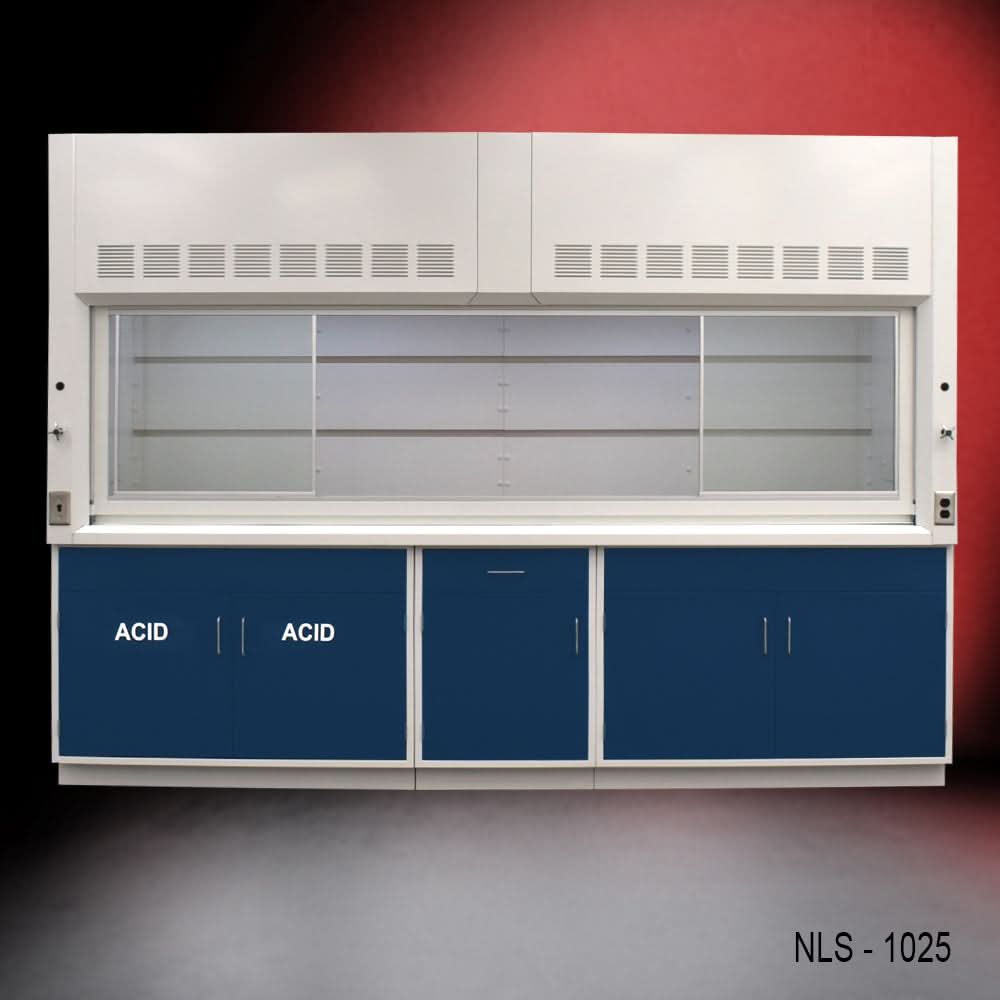 10′ x 48″ Fisher American Fume Hood w/ Blue ACID & General Storage Cabinets
